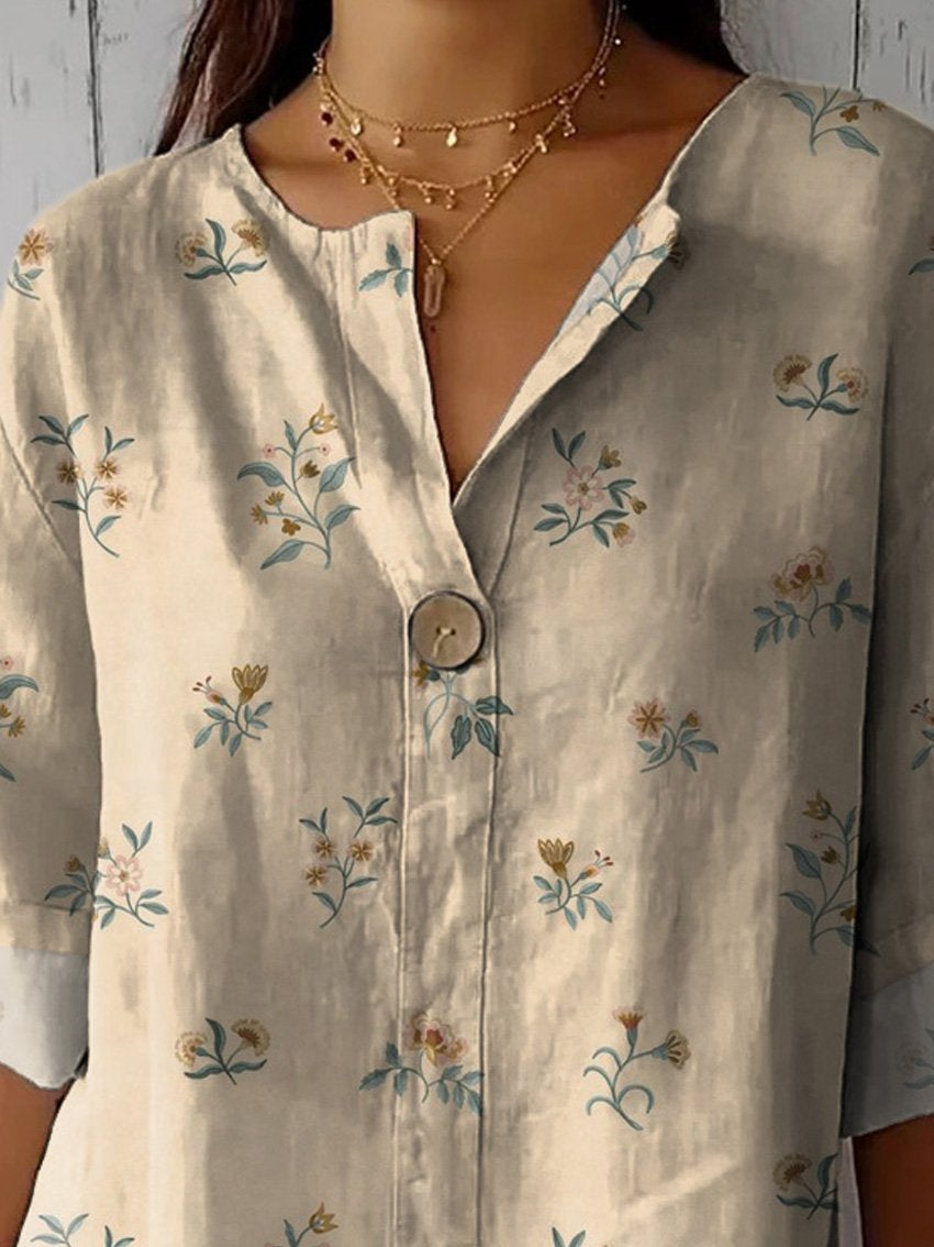 Vintage Style Simple Meadows Floral Pattern Printed Women's Casual Cotton Linen Shirt