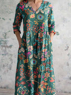 Women's V-neck Elegant Poppy Floral Print Cotton Dress