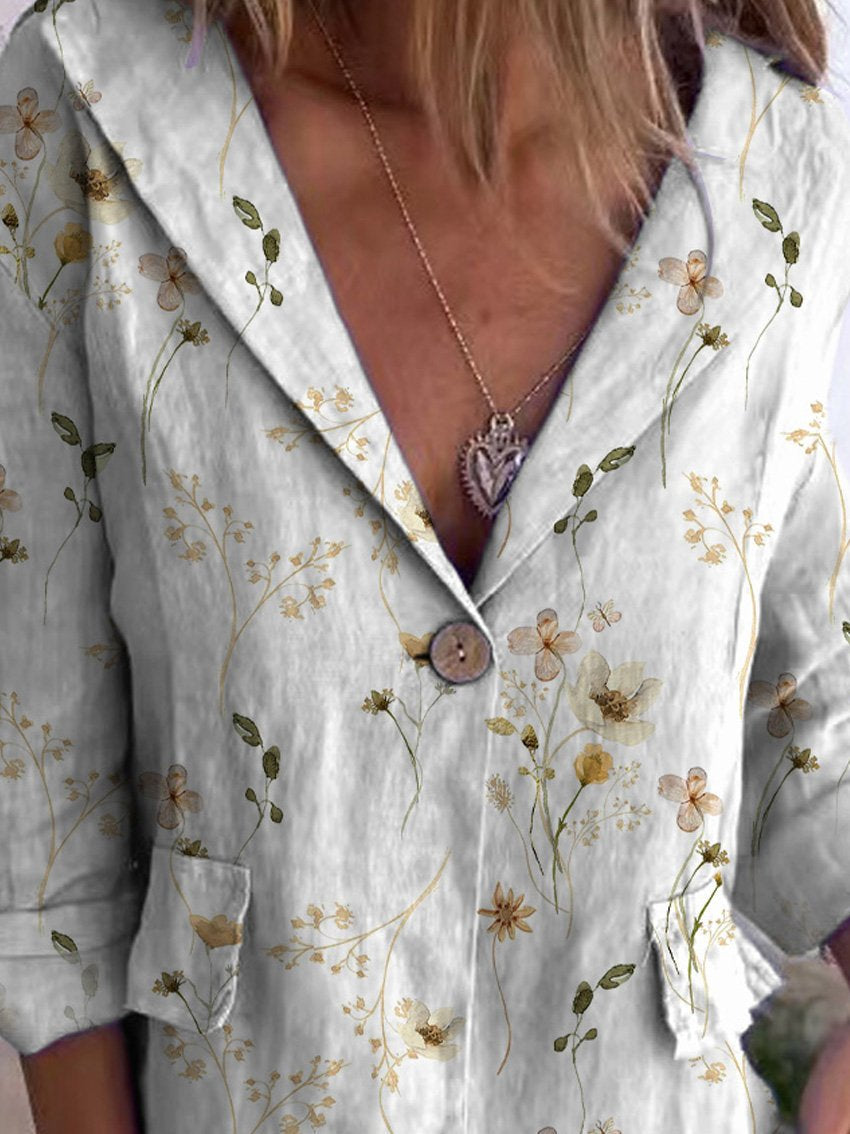 Watercolor Minimalist Spring Floral Pattern Printed Women's Linen And Cotton Pocket Coat