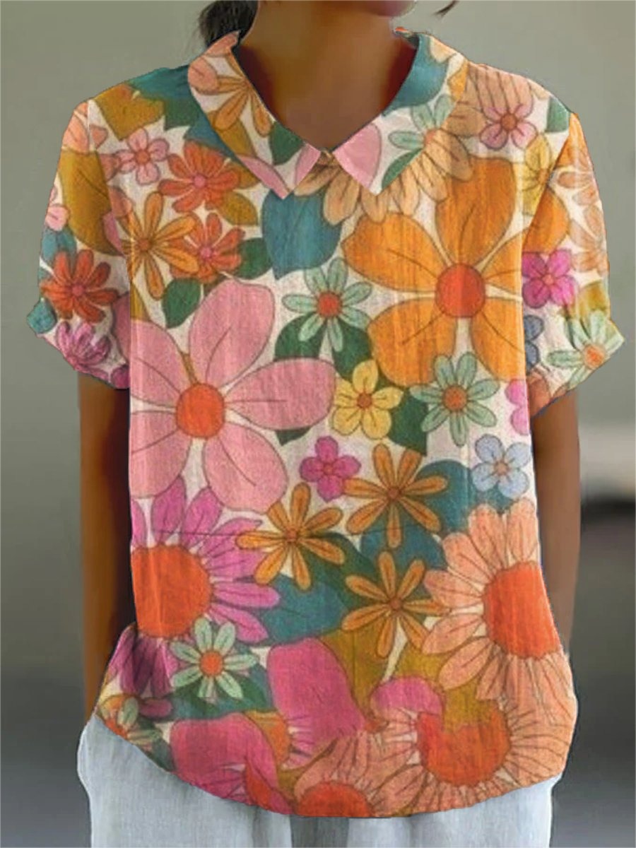 Women's Floral Art Print Casual Cotton And Linen Shirt