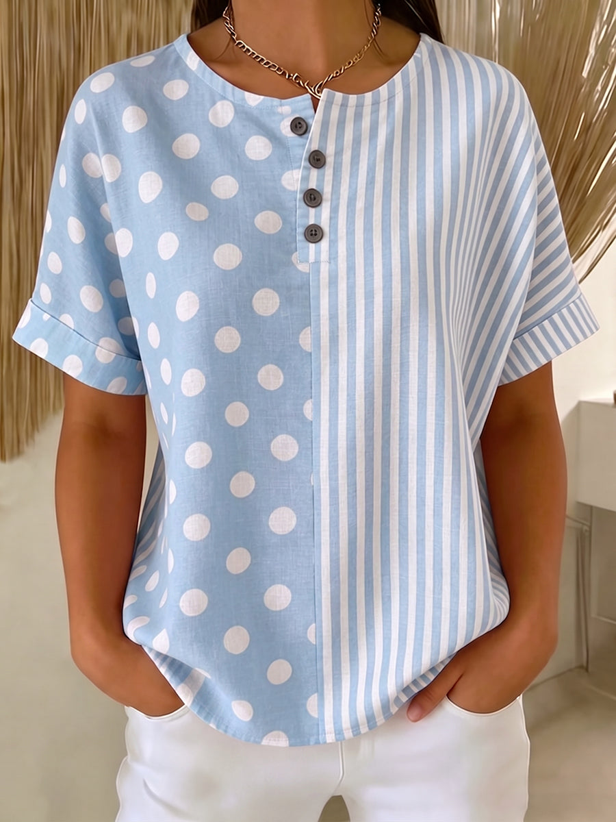 Artistic Polka Dot & Stripe Cotton-linen Henley Blouse