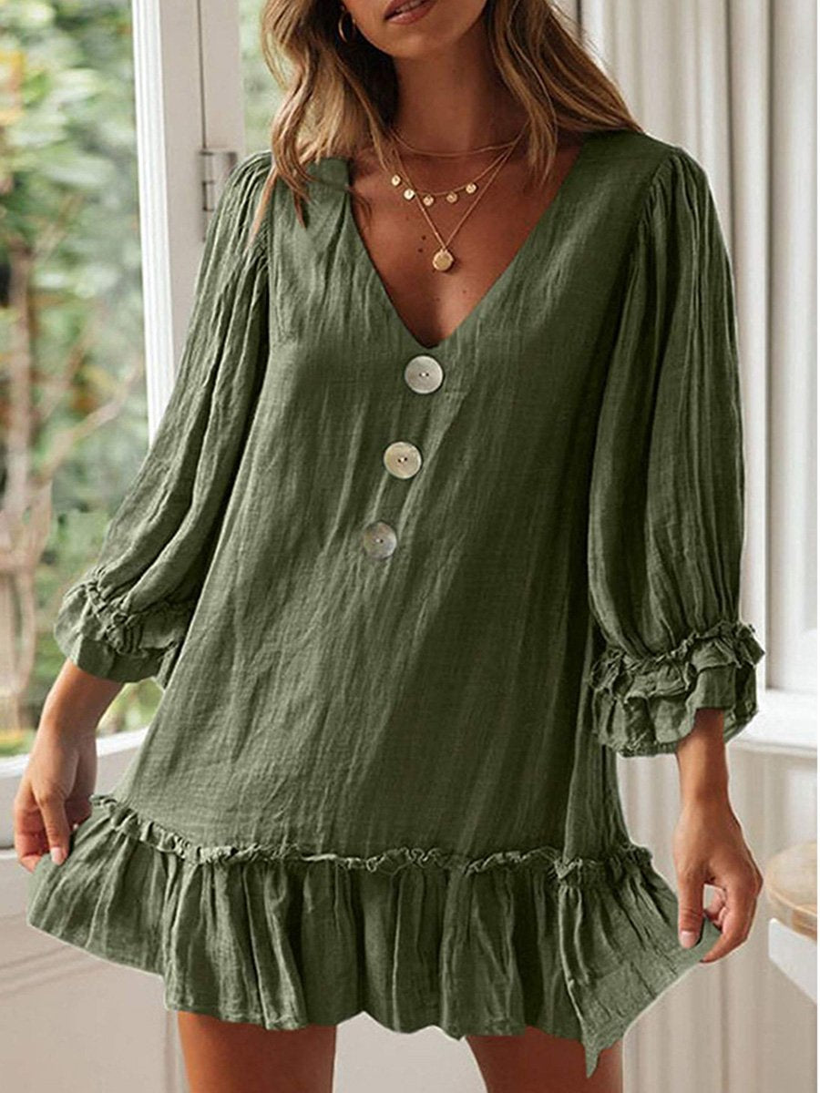 Women's Long Sleeve Ruffle Hem Cotton And Linen A-Line Dress