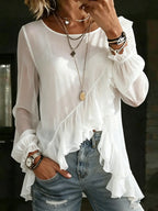 Women's Blouse Ruffle Trim Flared Long Sleeve Casual Shirt O-neck Tops