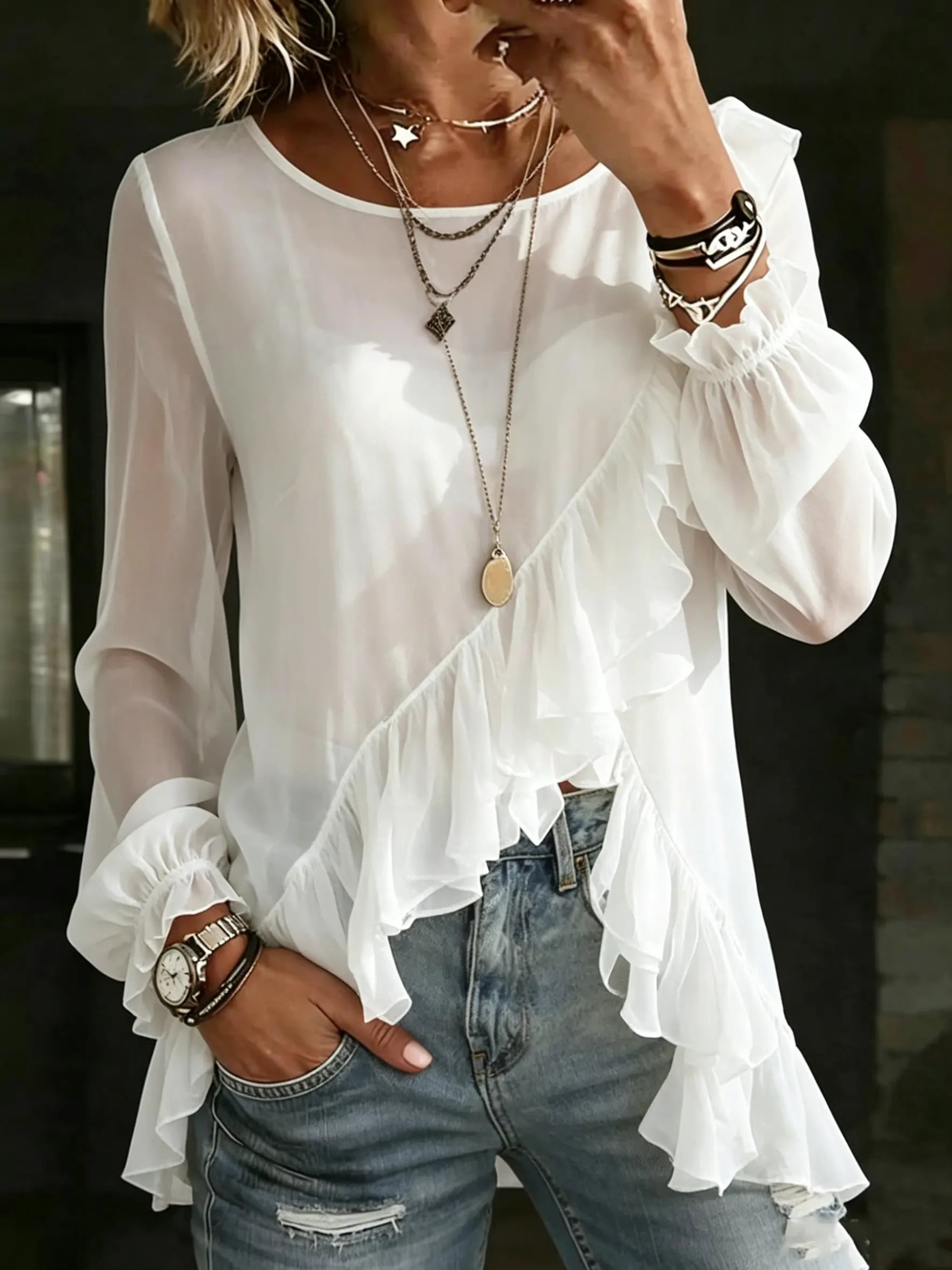 Women's Blouse Ruffle Trim Flared Long Sleeve Casual Shirt O-neck Tops