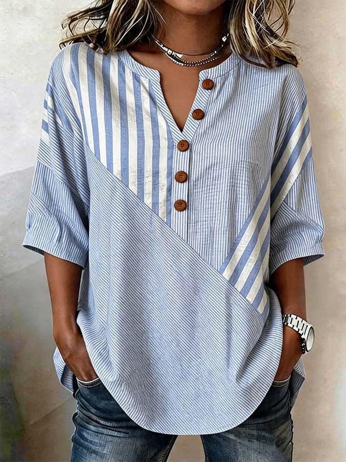 French Lazy Style Striped Color-block Patchwork Half-sleeve Top