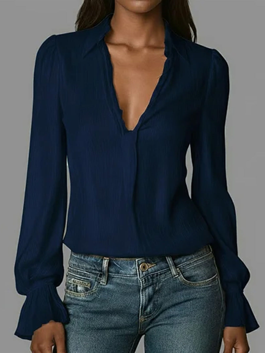 Damen Langarmshirt aus Baumwolle mit V-Ausschnitt, einfarbig, leger geschnitten