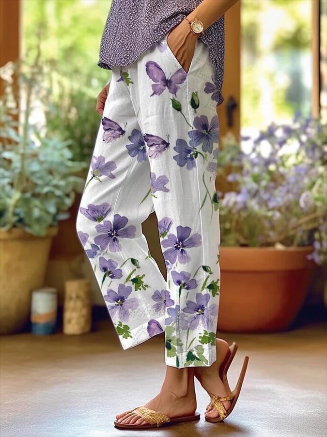 Women's Retro Art Butterfly Flowers Print Pockets Casual Pants