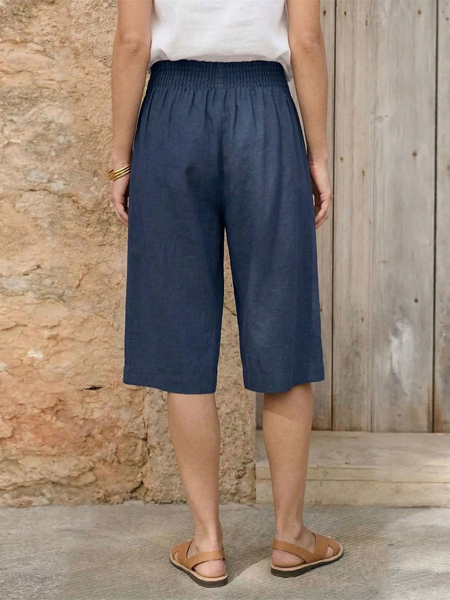 Women's Solid Color Elastic Waist Tie Casual Loose Cotton Linen Wide-leg Pants