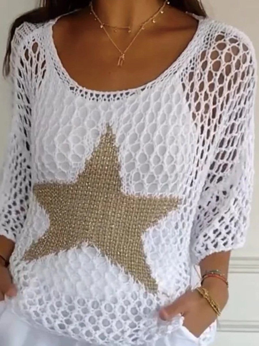 Women's Star Design Round Neck Spring And Summer Knit Sweater