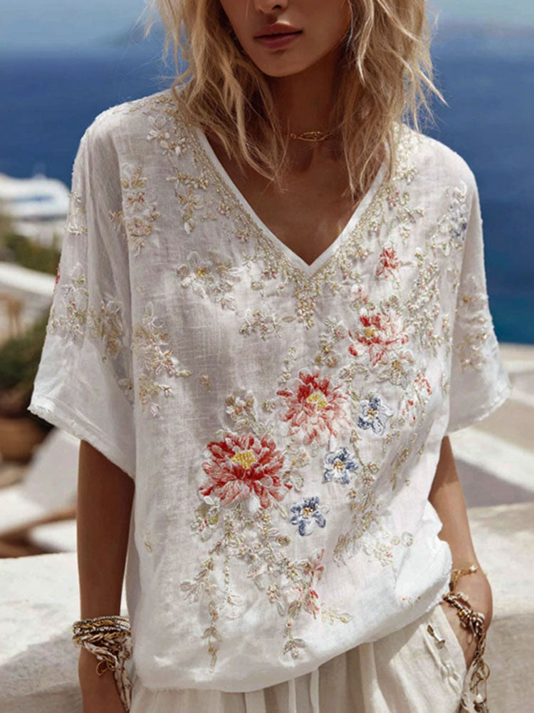 Women's Floral Embroidery Casual Cotton Linen V-neck T-shirt