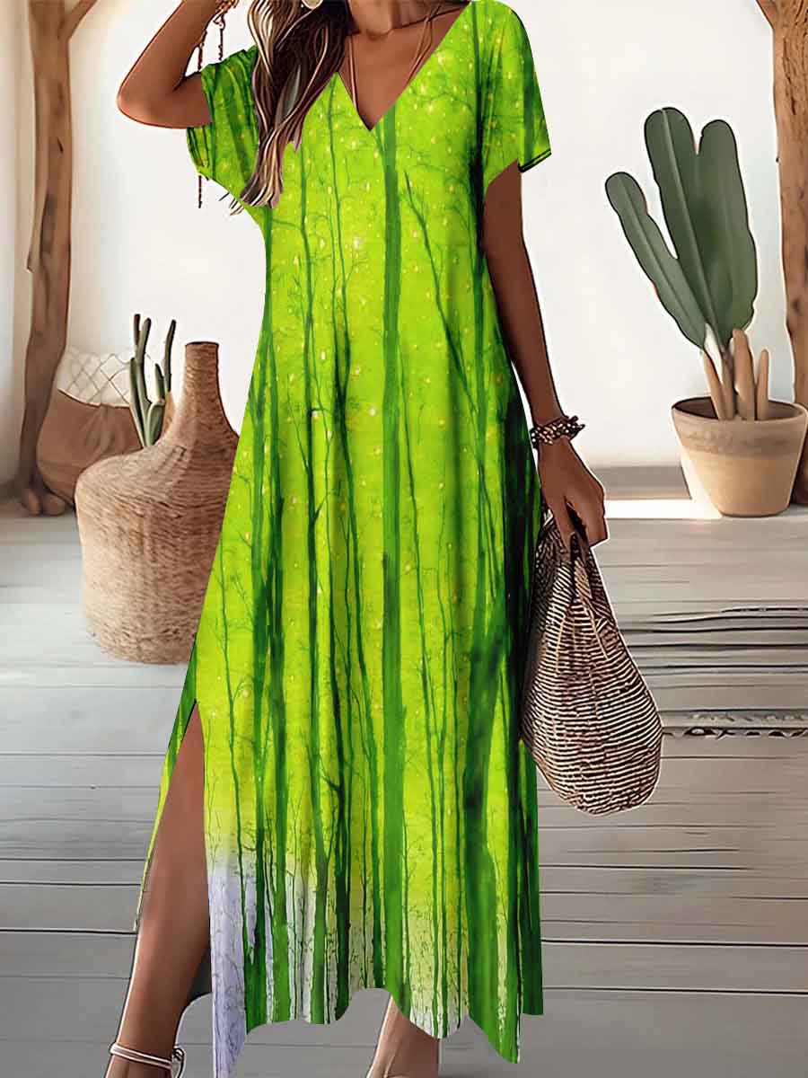 Women's V-neck starry forest art print dress