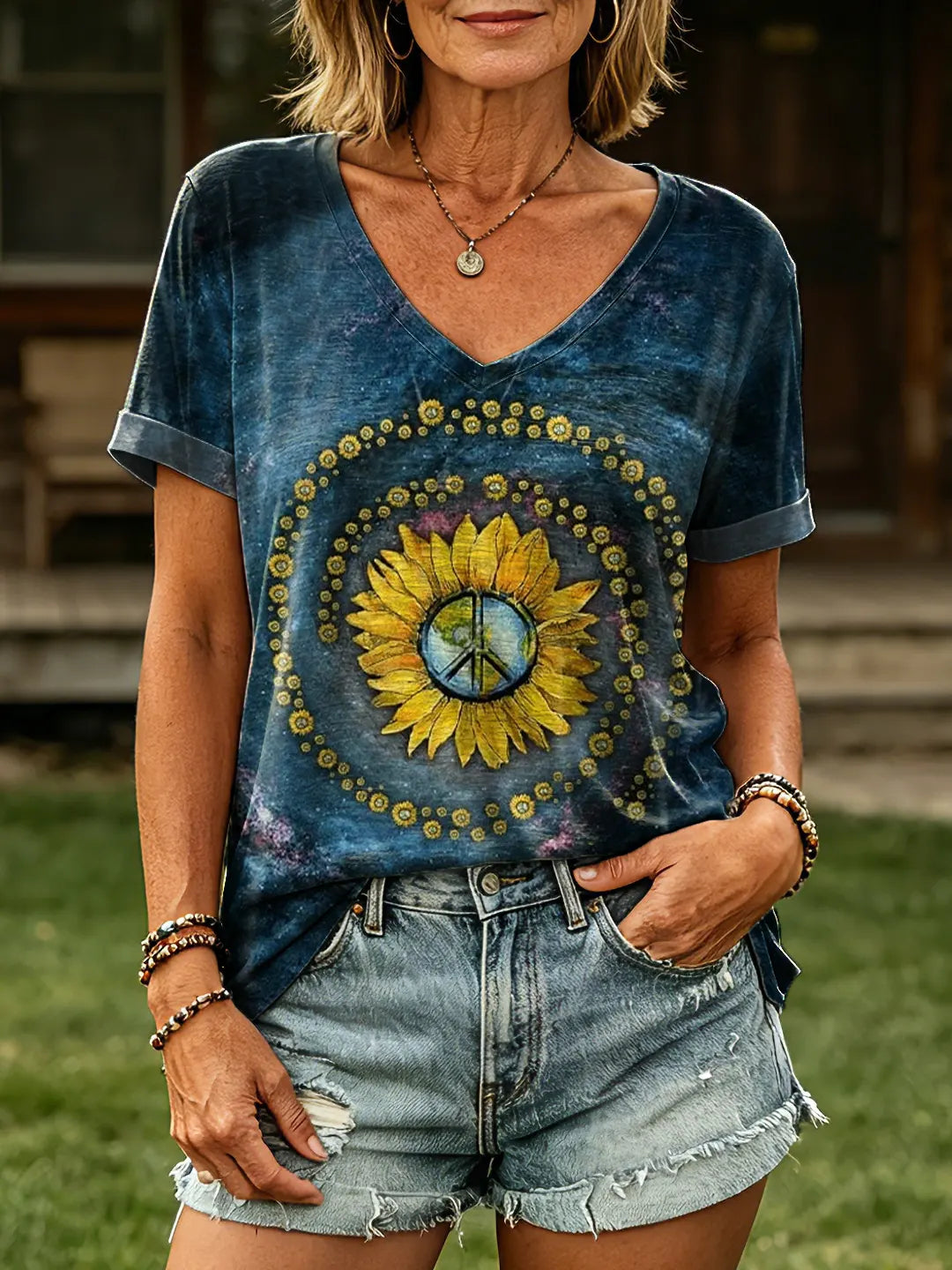 Women's Hippie Bohemian Floral Art Print Casual V-Neck T-Shirt