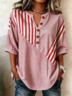 French Lazy Style Striped Color-block Patchwork Half-sleeve Top