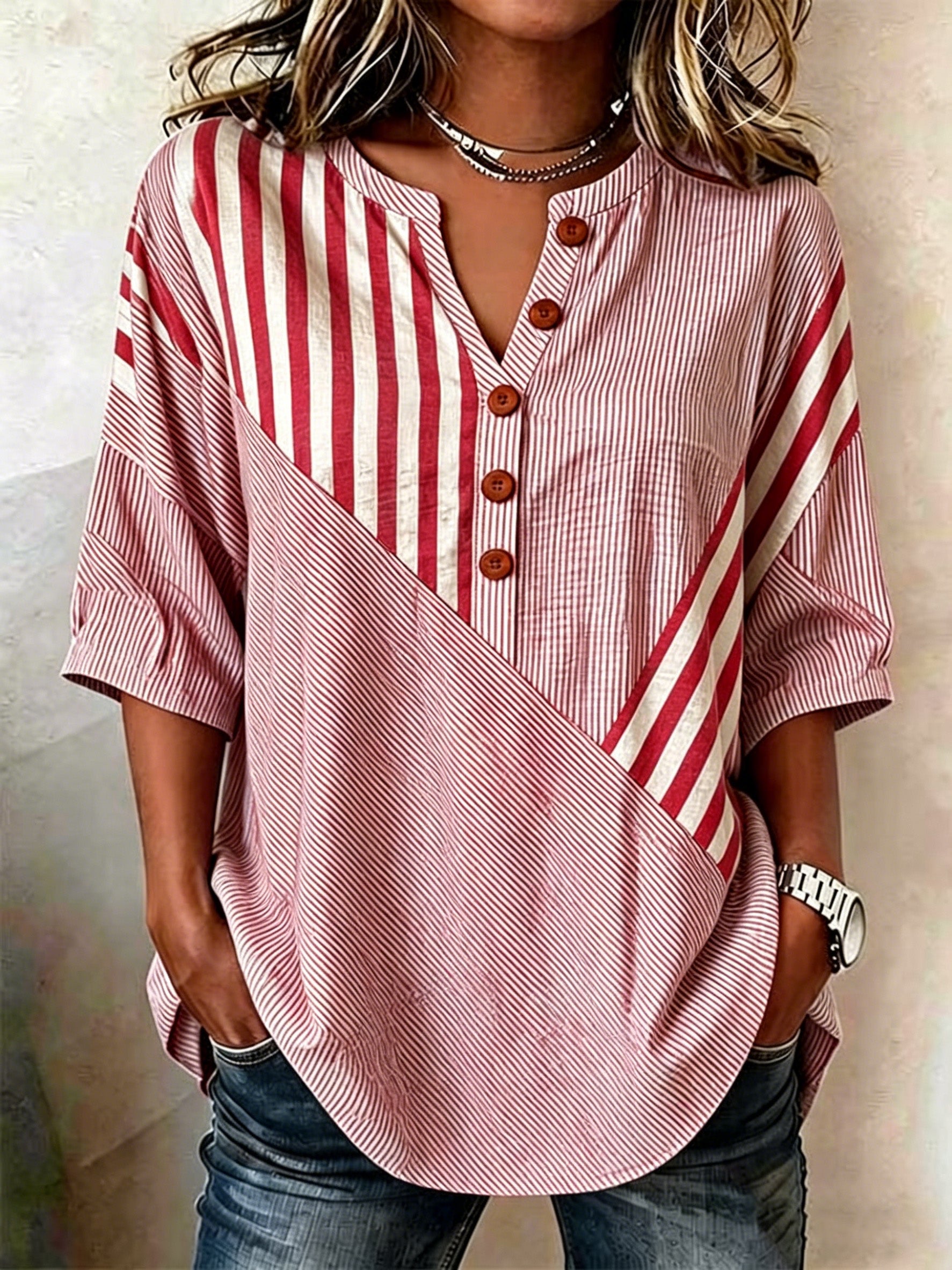 French Lazy Style Striped Color-block Patchwork Half-sleeve Top