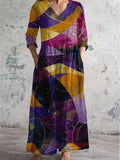 Women's V-Neck Abstract Geometric Art Cotton And Linen Pocket Dress