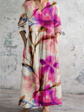 Women's V Neck Rendered Floral Art Print Cotton and Linen Pocket Dress