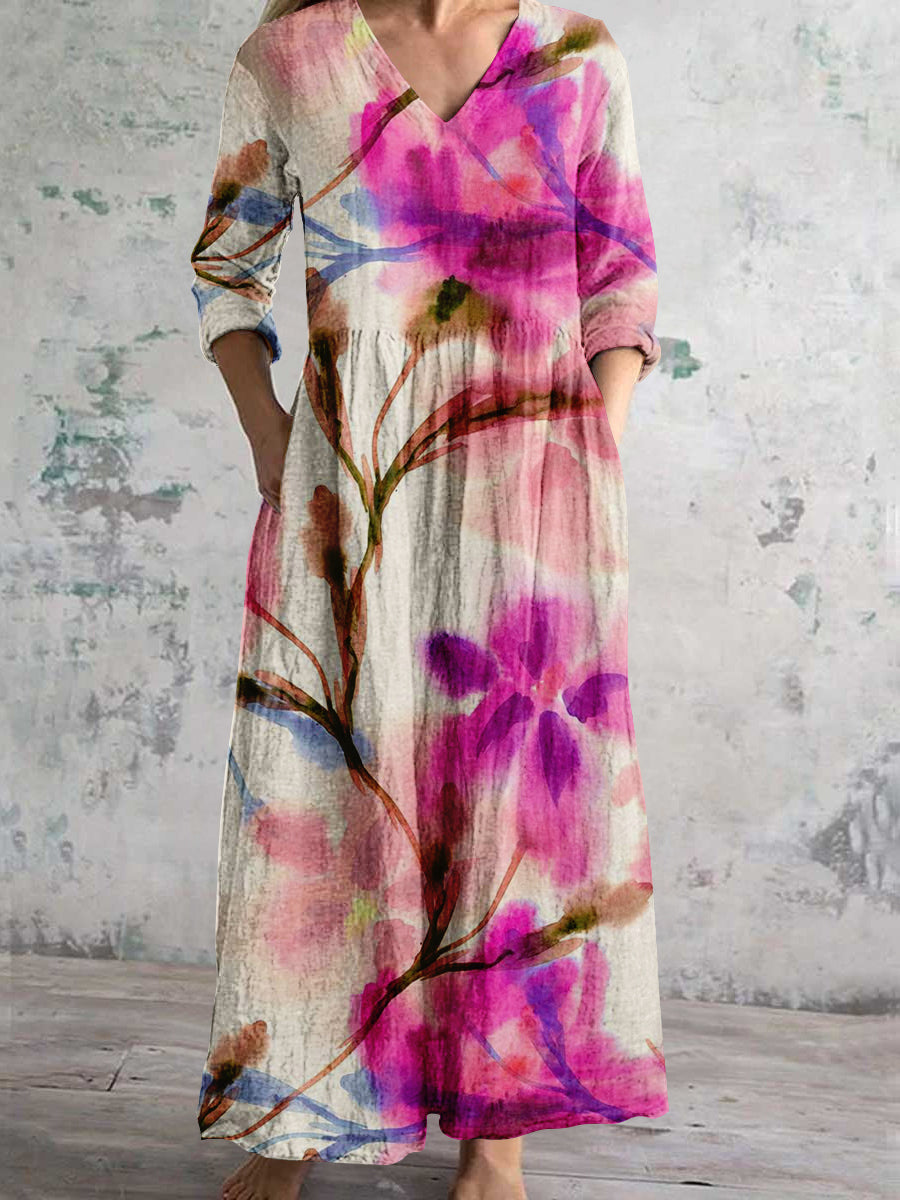Women's V Neck Rendered Floral Art Print Cotton and Linen Pocket Dress