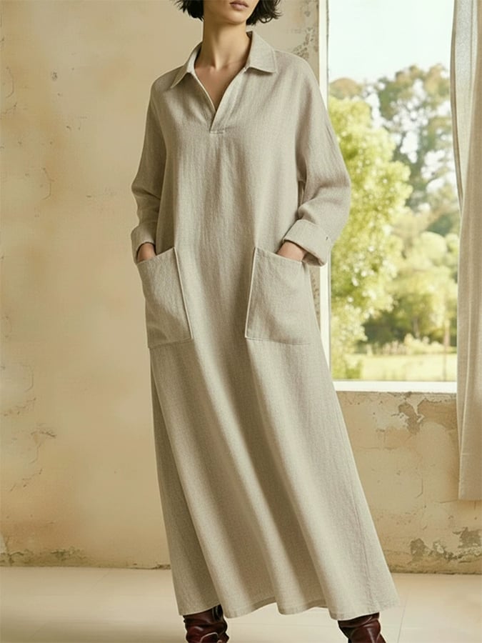 Women'S Casual Lapel Loose-Fitting Long-Sleeved Dress With Pockets