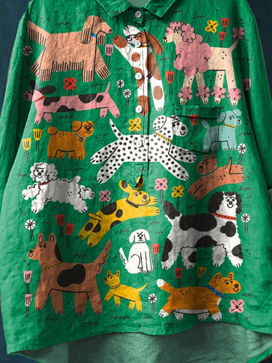 Cute Lovely Dogs Art Print Casual Cotton And Linen Shirt