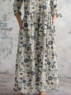 Women's Simple Elegant V Neck Floral Pattern Cotton Fabric Dress with Pockets