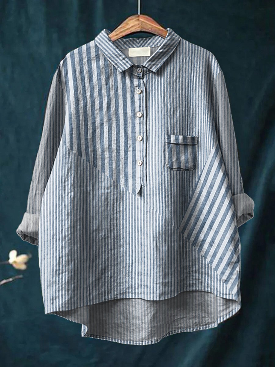 Stripes Pattern Printed Women's Casual Cotton And Linen Shirt
