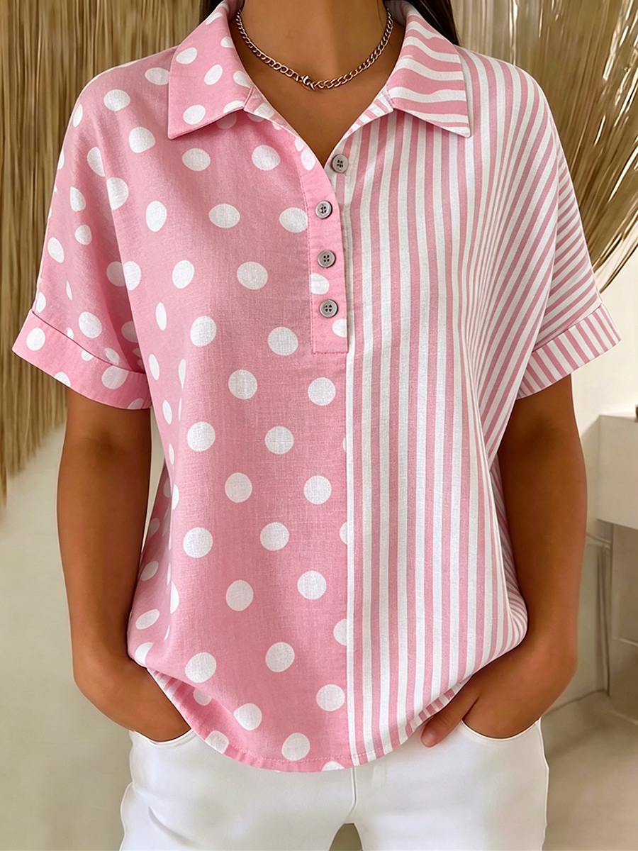 Artistic Polka Dot & Stripe Cotton-linen Blouse