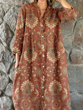 Women's Elegant Vintage Floral Pattern Shirt Style Cotton and Linen Dress