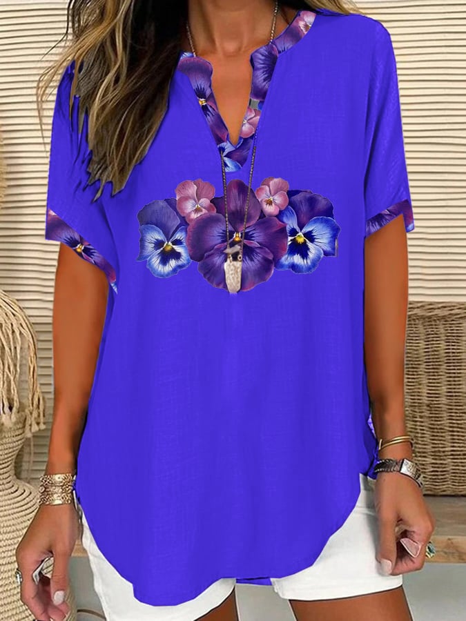 Women's Pansy Print V-Neck Loose Short Sleeve Shirt