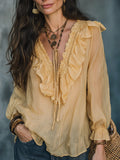 Women's Bohemian Style Ruffle Trim V-neck Top