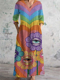 Women's V-Neck Fun Floral Art Print Cotton and Linen Pocket Dress