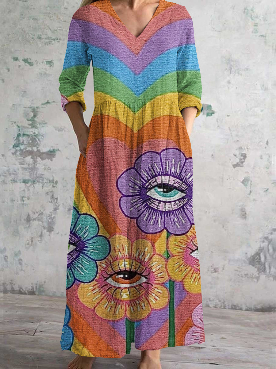 Women's V-Neck Fun Floral Art Print Cotton and Linen Pocket Dress