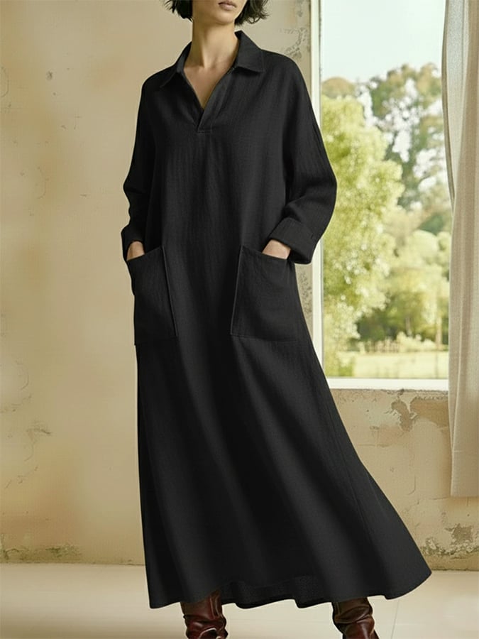 Women'S Casual Lapel Loose-Fitting Long-Sleeved Dress With Pockets