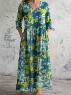 Women's Simple Elegant V Neck Floral Pattern Cotton Fabric Dress with Pockets