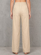 Apricot Cotton-linen Straight-leg Wide-leg Pants With Elastic Drawstring Waist