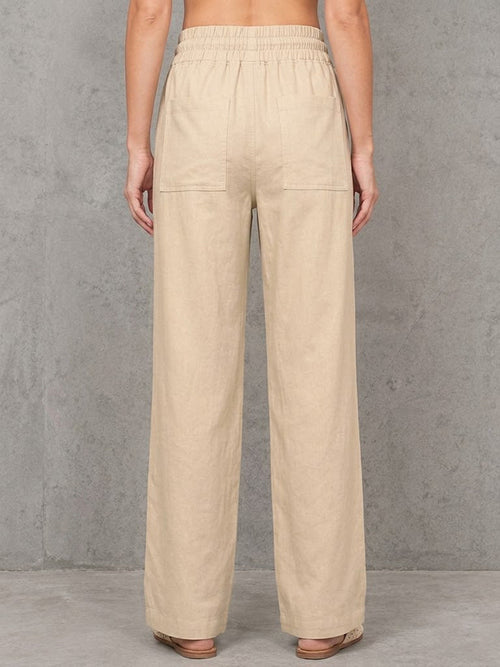 Apricot Cotton-linen Straight-leg Wide-leg Pants With Elastic Drawstring Waist