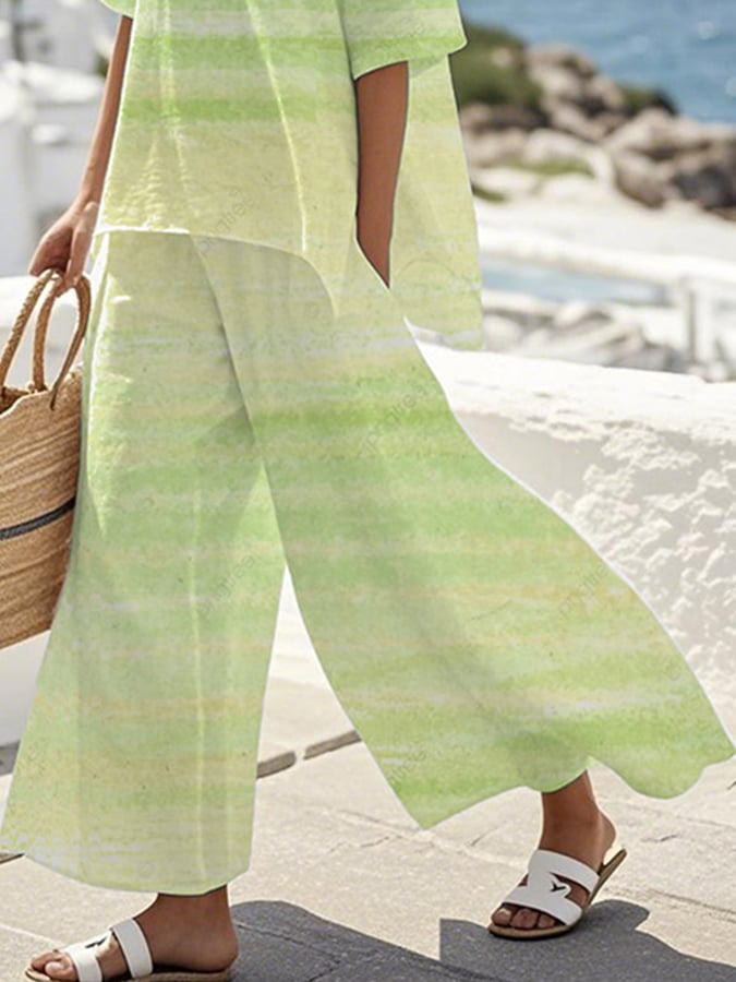 Women's Loose Round Neck Contrast Striped Pants Set