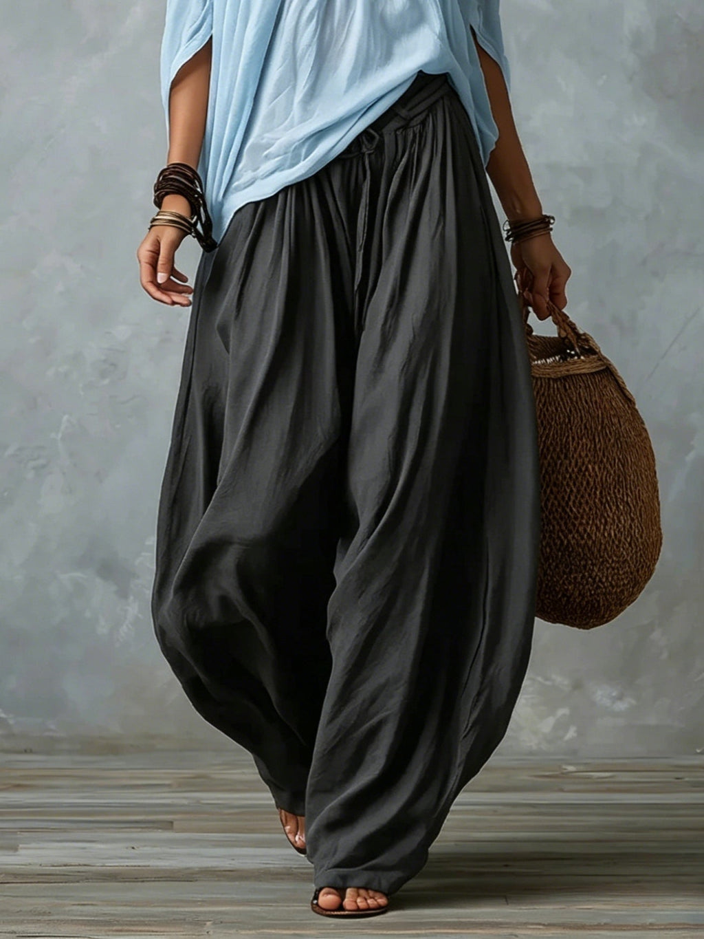 Light Blue Off-shoulder Top And Dark Gray Loose-fitting Lantern Pants Suit