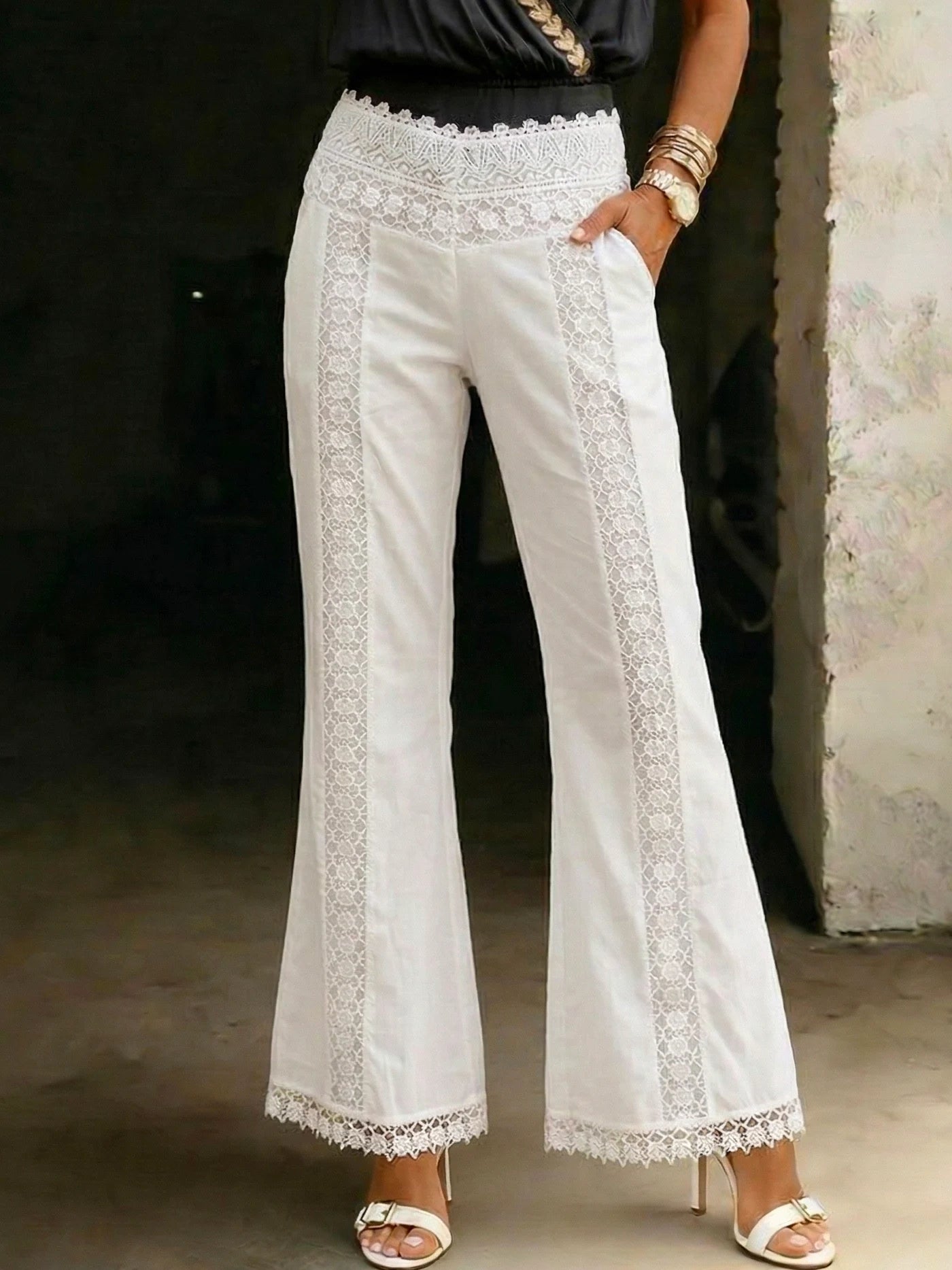 Women's Fashionable Casual Solid-color Lace-trimmed Flared Pants