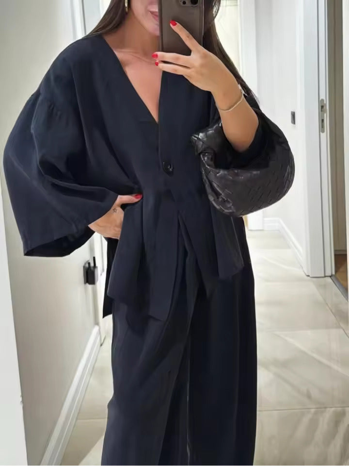 Casual V-neck loose long-sleeved top high waist trousers two-piece suit