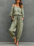Off-the-shoulder, 3/4-sleeve, Drawstring-waist, Cotton-linen Jumpsuit With Cuffed Ankles