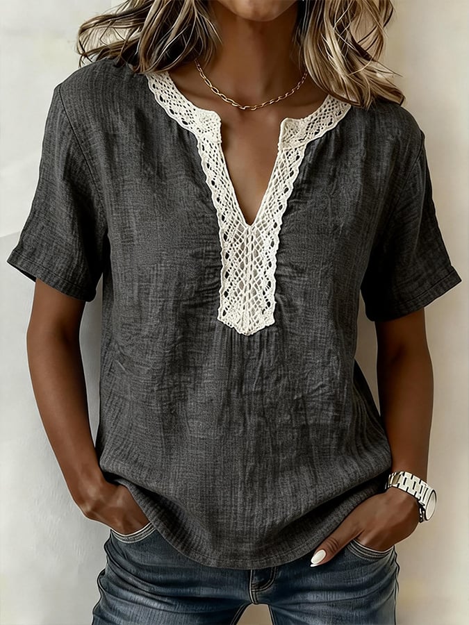 Women's Casual V-neck Lace-trimmed Cotton Linen Top