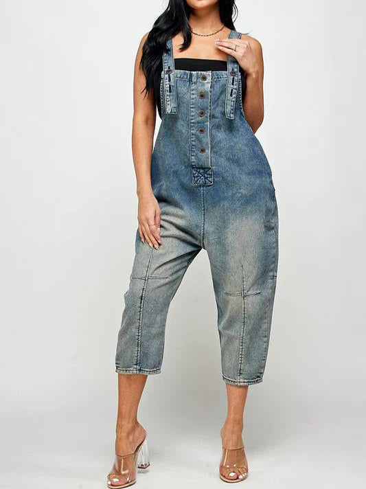 Fashion Casual Designer Style Denim Suspender Jumpsuit