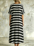 Women's Black and White Striped V-Neck Midi Dress - Casual Loose Fit Short Sleeve Caftan Maxi Dress
