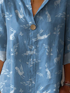 Spring Woodland Rabbit Repeat Pattern Printed Women's Casual Cotton Linen Shirt