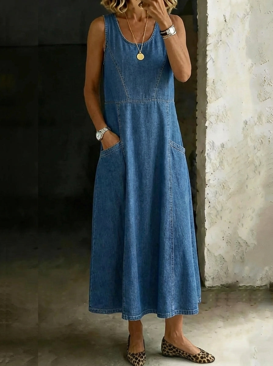 Damen Retro Rundhals Ärmelloses Lässiges Lockeres Jeans-Westenkleid