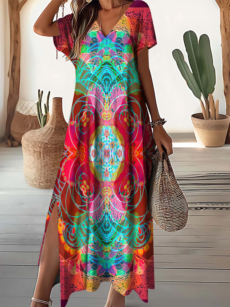 Women's V-Neck Vintage Irregular Pattern Dresses