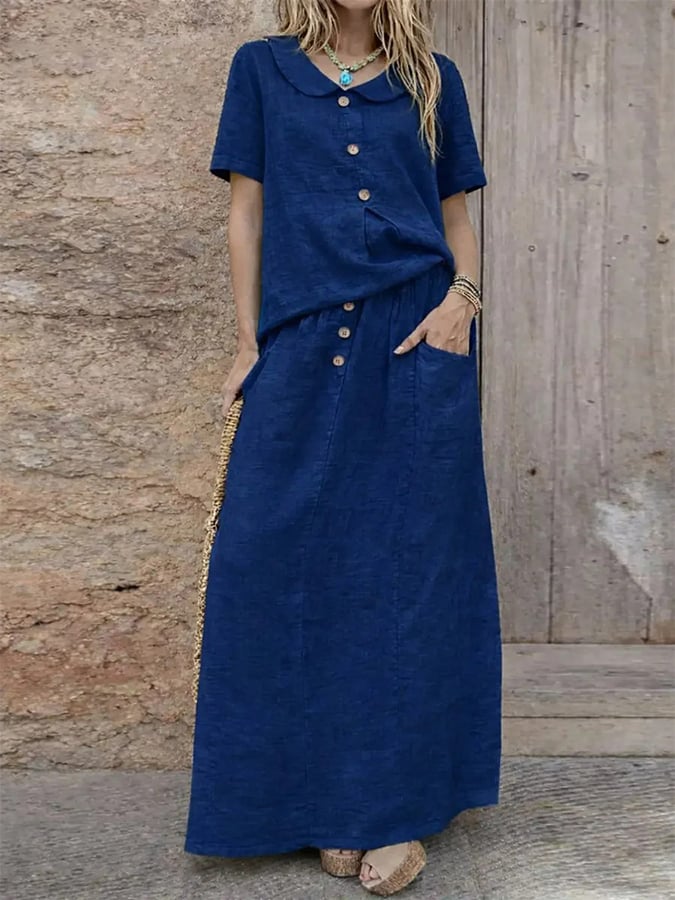 Women'S Casual Solid Color Cotton And Linen Loose Dress Two-Piece Set