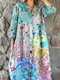 Women's Elegant Floral Print Cotton and Linen Shirt Dress