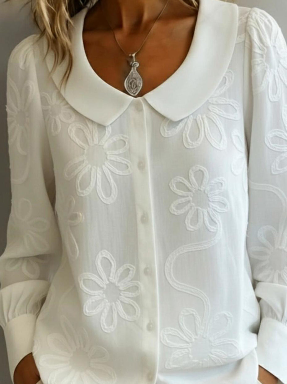 Elegant Peter Pan Collar Embroidered Floral Shirt