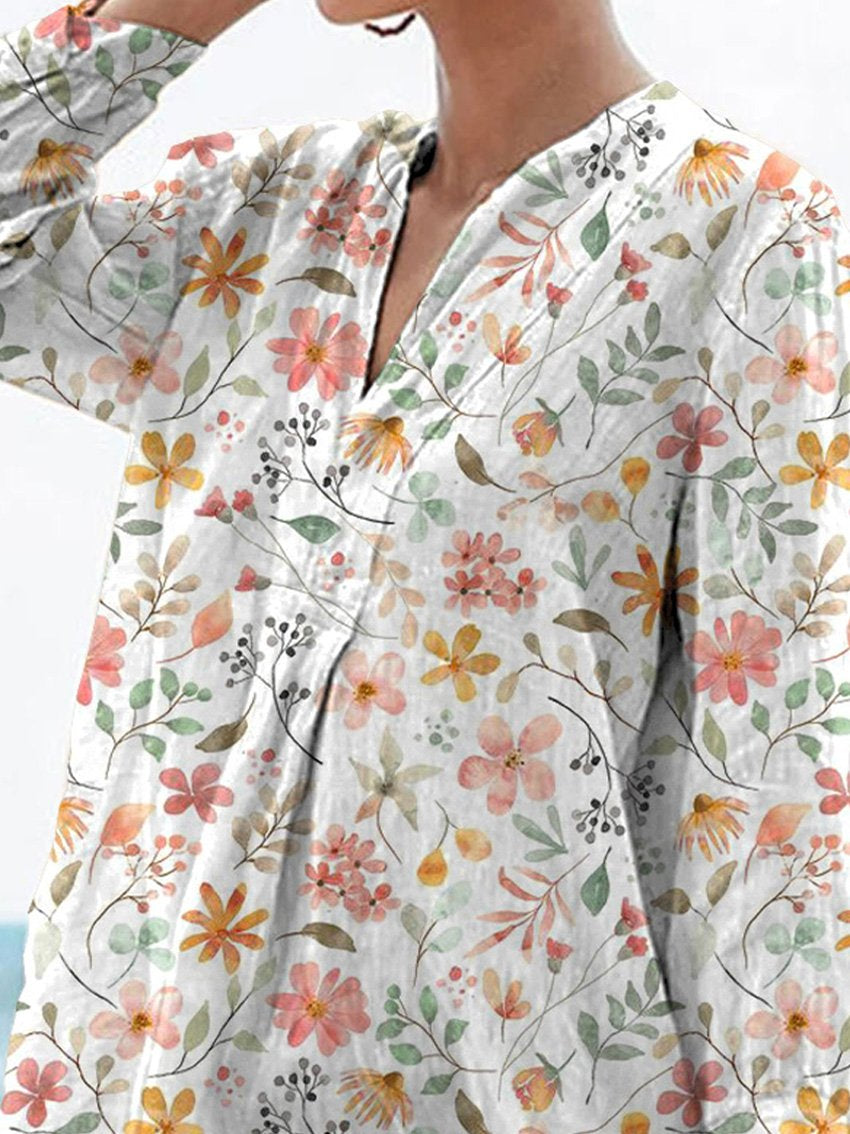 Sweet Watercolor Floral Repeat Pattern Printed Women's Casual Linen V-Neck Shirt